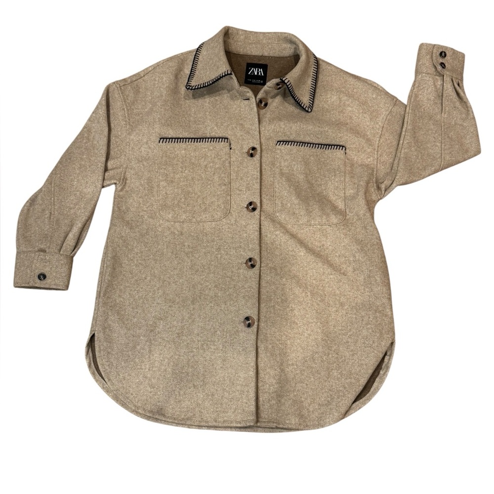 Zara Men Tan Blanket Stitch Flannel Shacket Shirt Jacket Beige Size Medium